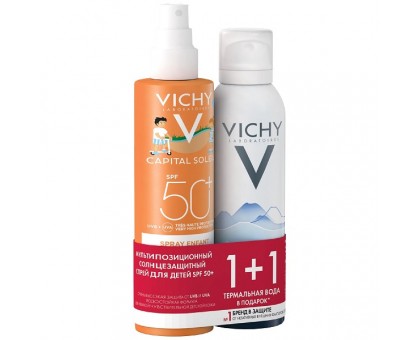 Виши набор: солнцезащитный мультипозиционный детский спрей SPF 50+ для лица и тела, 200 мл + термальная вода Vichy, 150 мл (Vichy, Capital Ideal Soleil)